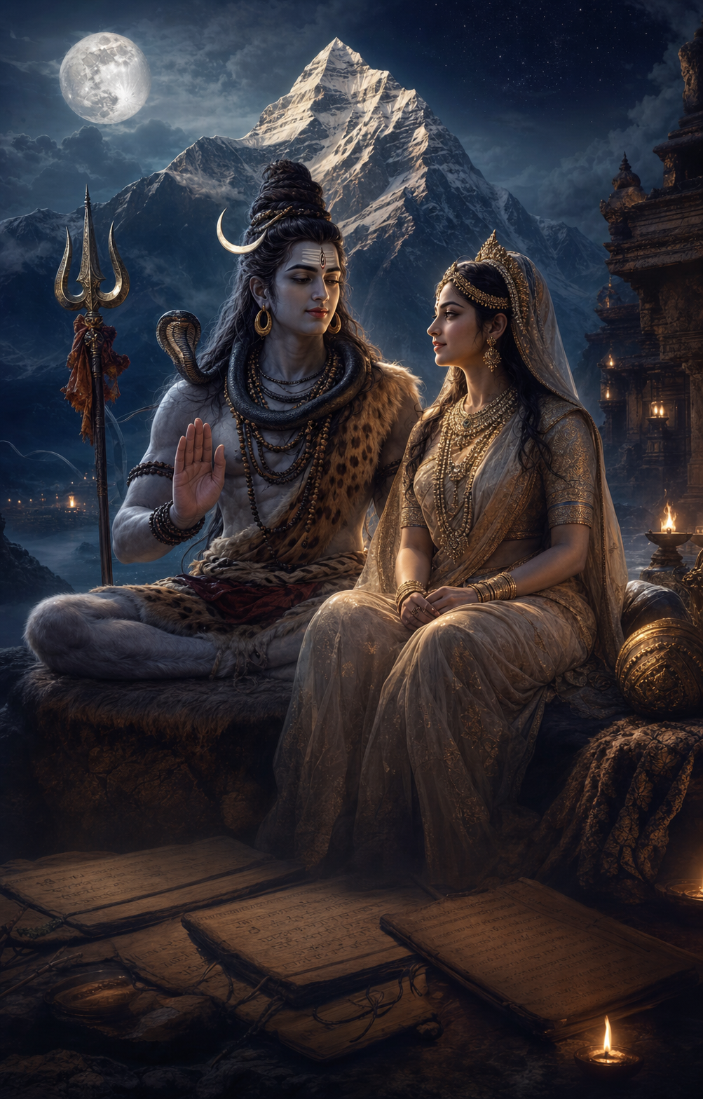 Lord Shiva and Mata Parvati in a divine conversation at Kailash for Shiva NadiVedas