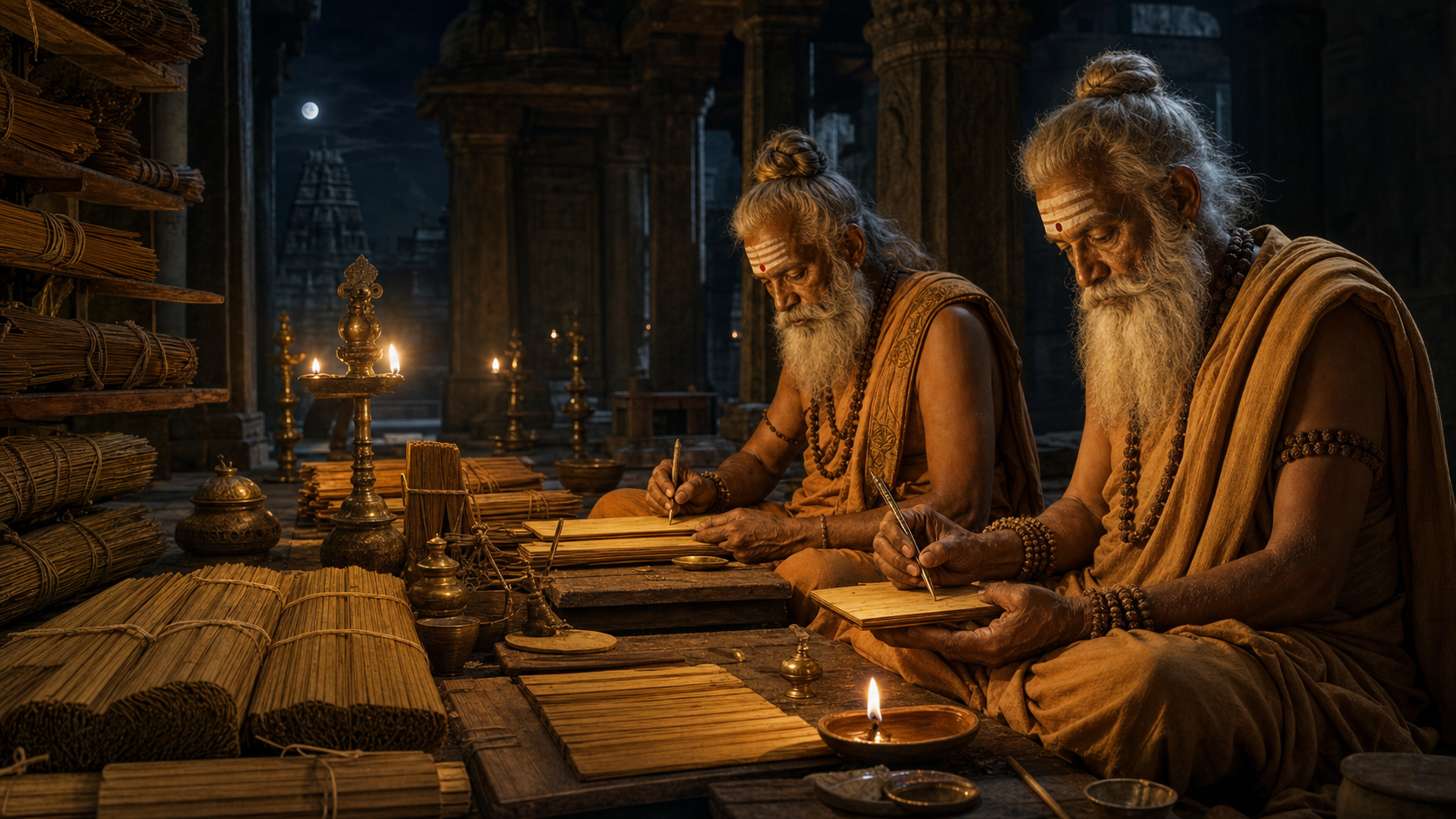 Ancient sages writing sacred Shiva Nadi wisdom on palm leaves